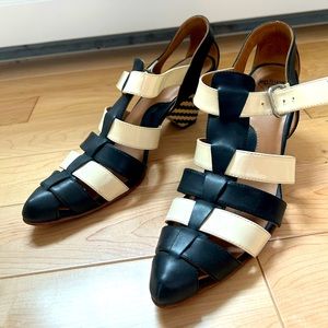 Fluevog heeled sandals black and white fits 9.5